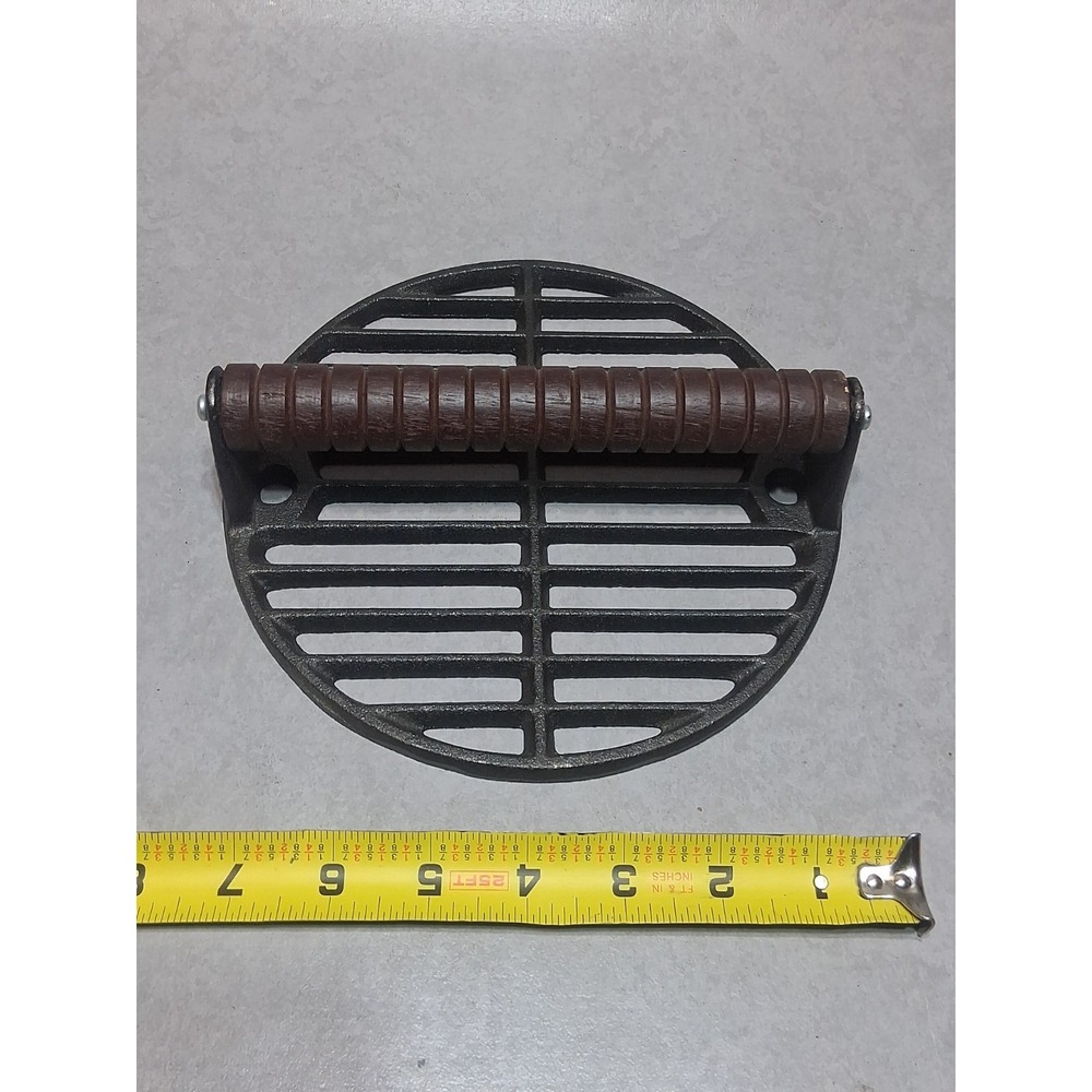Cast Iron Meat Bacon Burger Slotted Press wood handle 7.5" Round Bbq Griddle 🔥